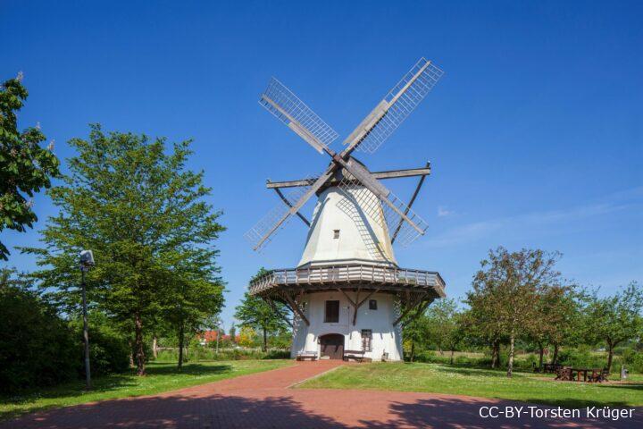 Historische Windmühle in Tonnenheide mit umlaufendem Balkon, rotem Ziegelweg und umgebender Grünfläche unter blauem Himmel.