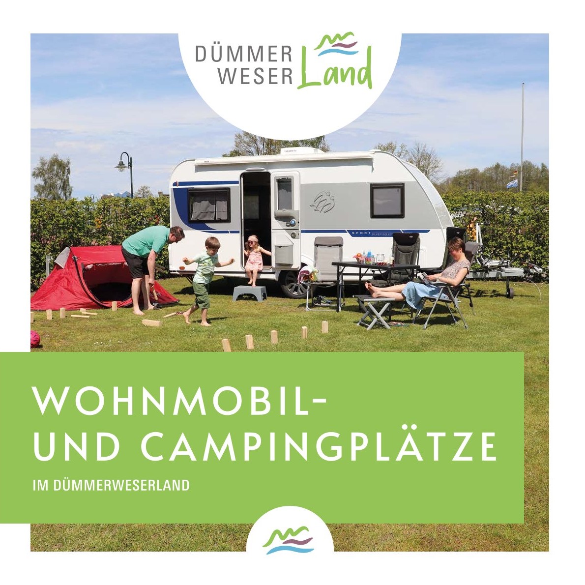 Titelseite mit Aufschrift Wohnmobil-und Campingplätze im DümmerWeserLand und einem Bild mit Wohnmobil und einer vierköpfigen Familie