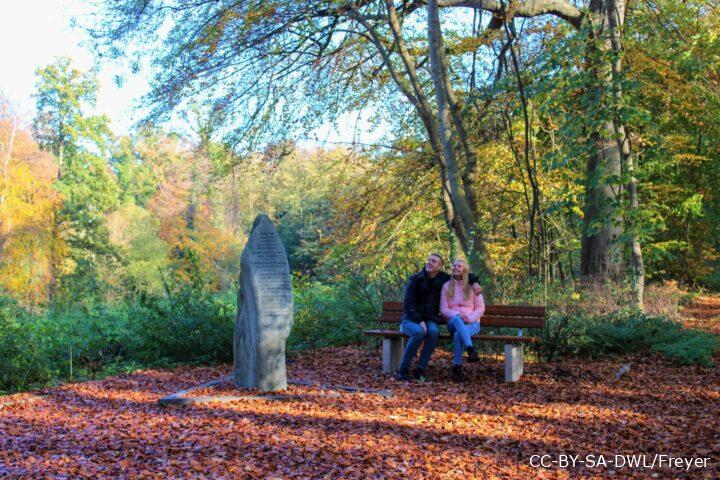 Junges Paar sitzt auf einer Bank im Herbst